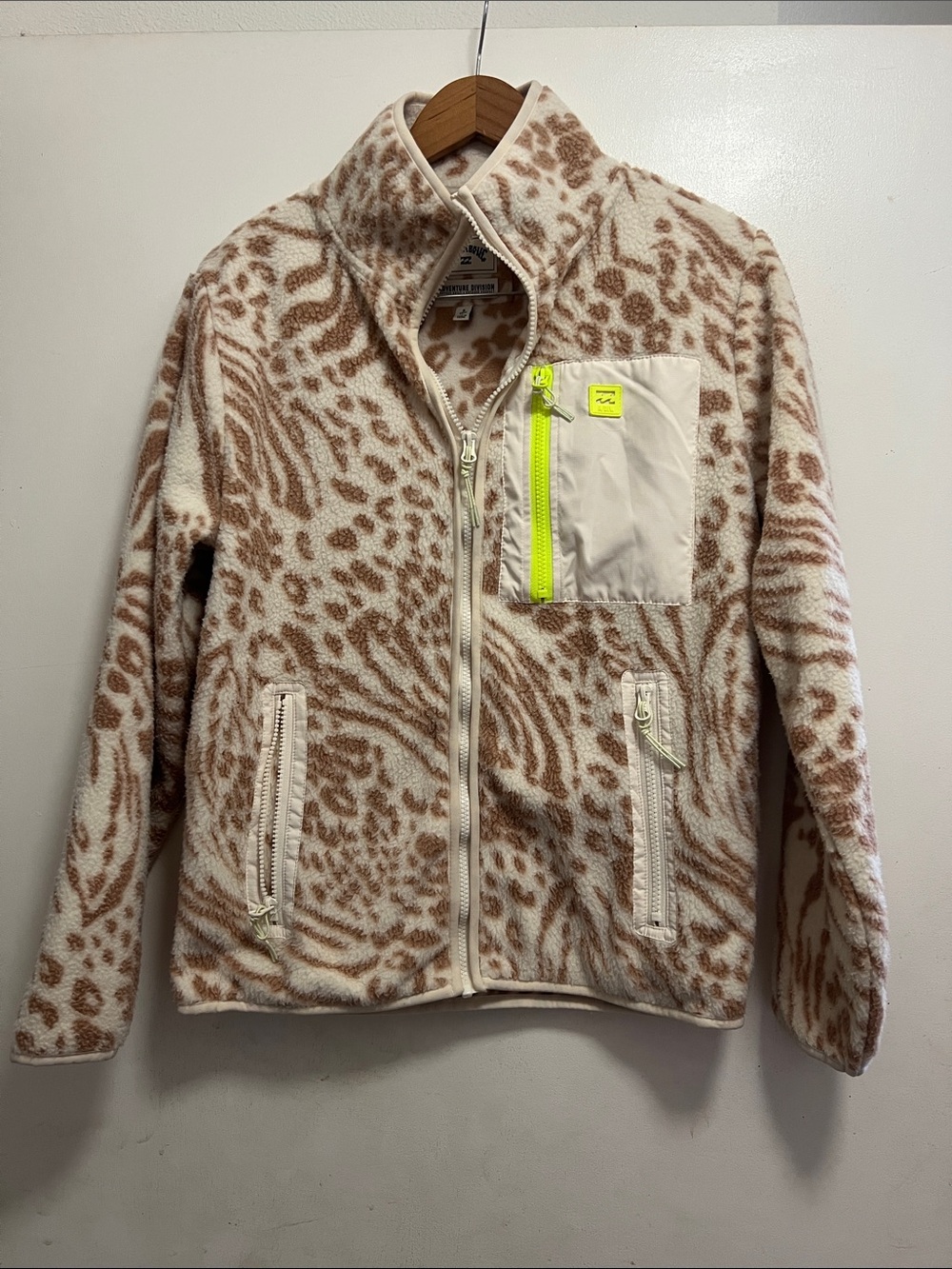 Billabong Cream and Brown Animal Print Fleece Jacket with Neon Zip Accent